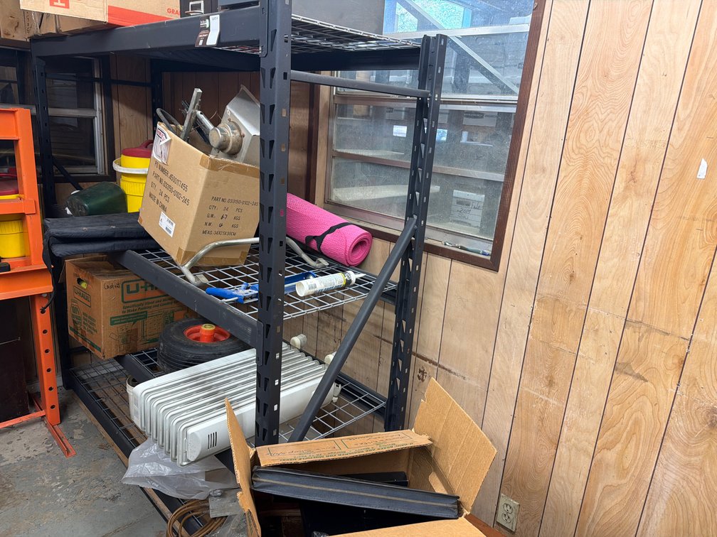 Metal Wire Shelving Unit with Electric Heater, Utility Wheel, Oil Cans, and More