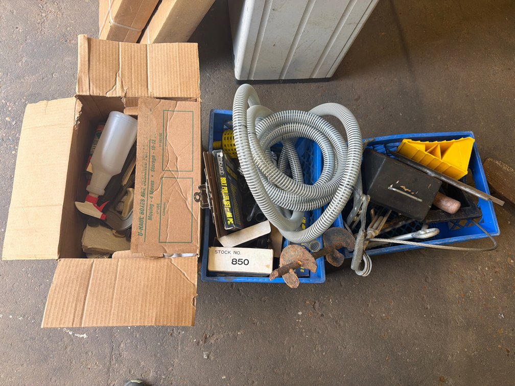Assorted Tools, Hardware, and Storage Crates