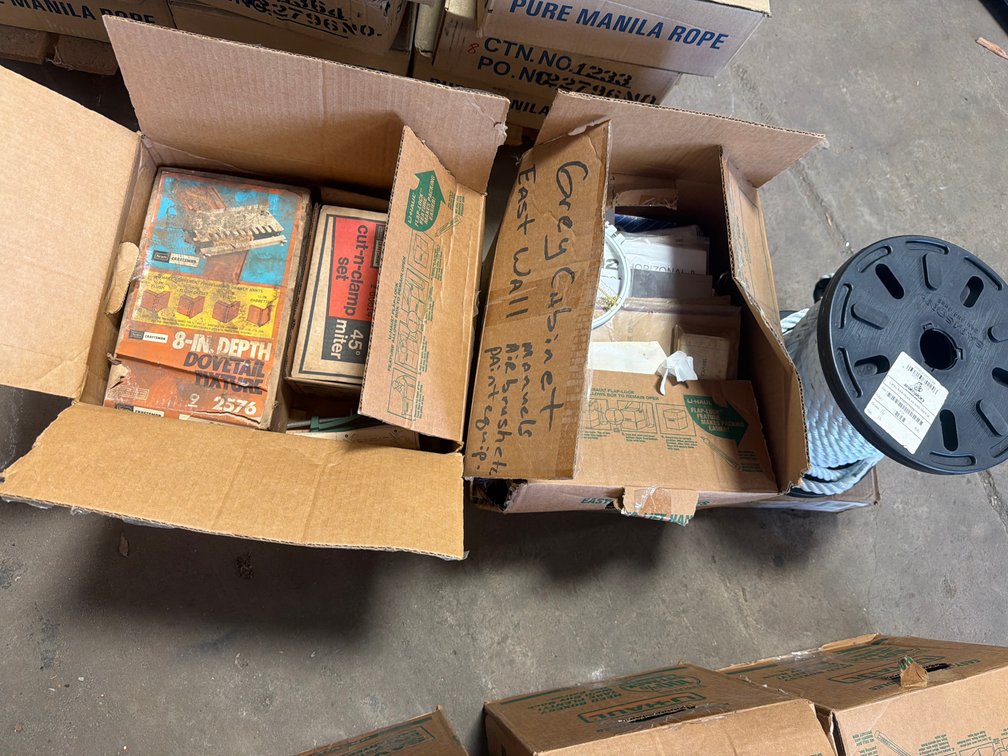 Woodworking Tools, Airbrush Equipment, and Spool of Rope