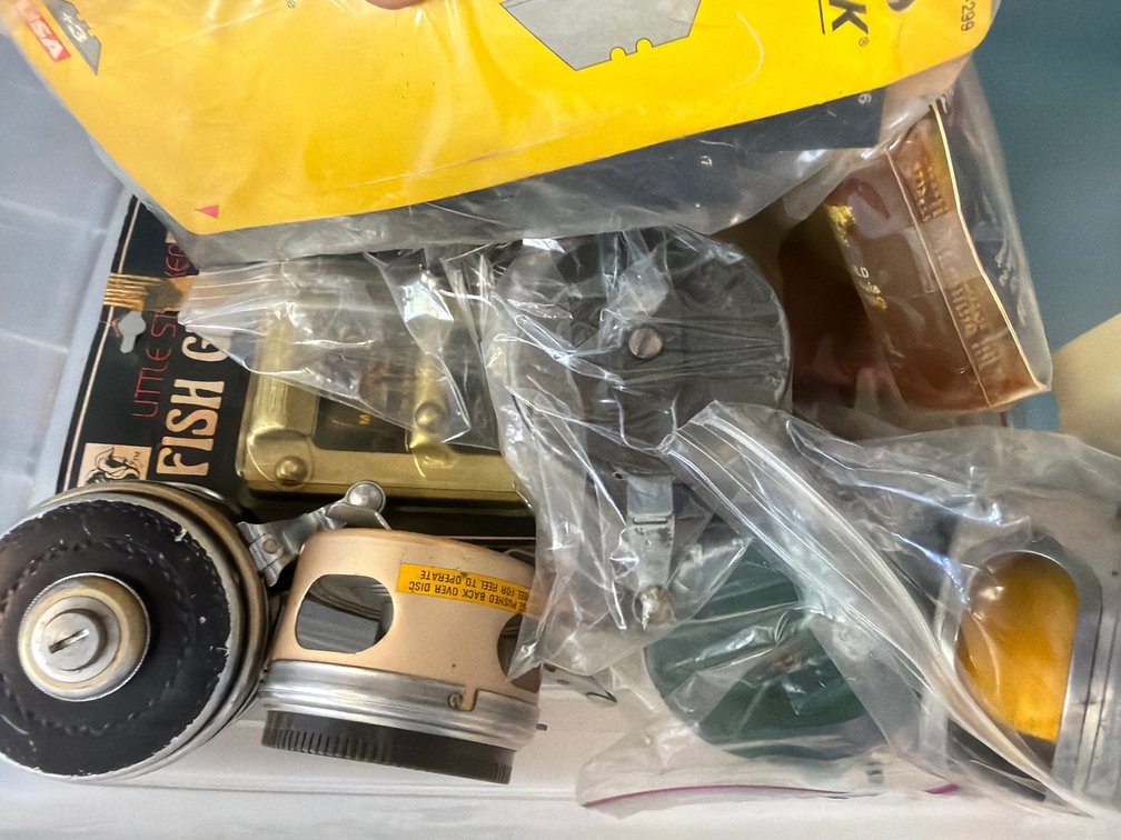 Box of Miscellaneous Fishing Reels, Finishing Supplies & Shop Tools