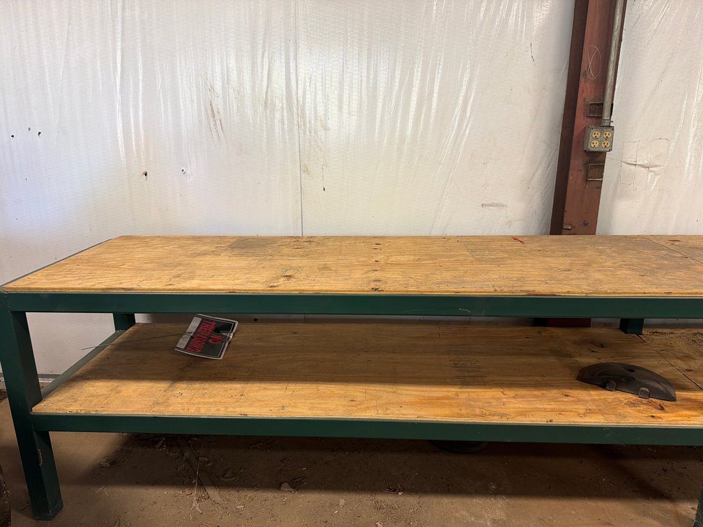 Green Steel Frame Workbench with Plywood Shelves