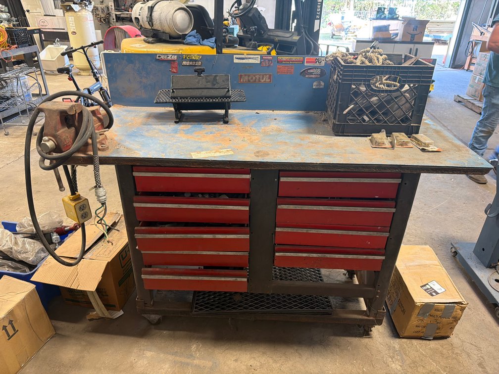 Mobile 10-Drawer Workbench with Mounted Vise, Tabletop Grill, and Contents