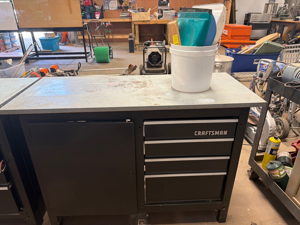 Metal Workbench Cabinet with Tools and Workshop Supplies