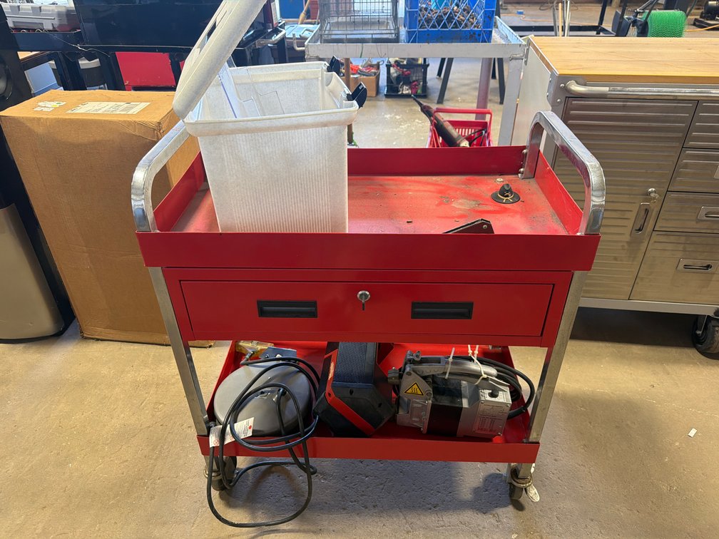 Red Metal Utility Tool Cart with Spot Welder and Equipment