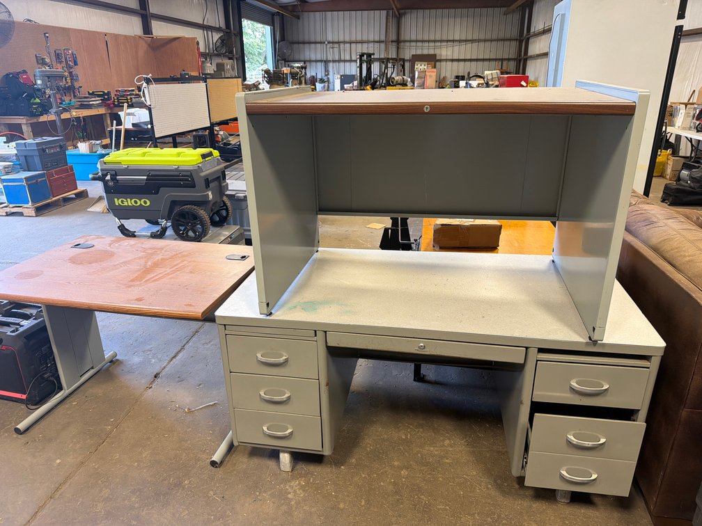 Gray Metal Double-Pedestal Desk with Hutch and Return Table