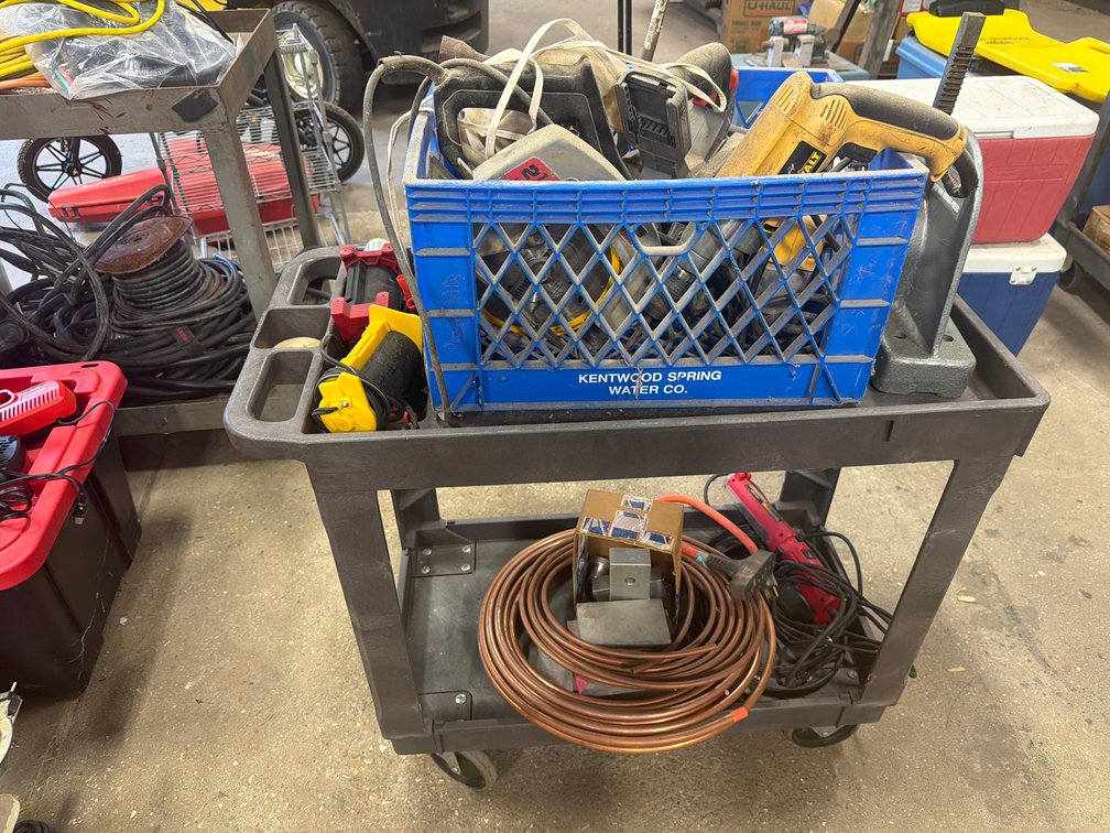 Utility Cart with Power Tools, Arbor Press, Copper Tubing, and More