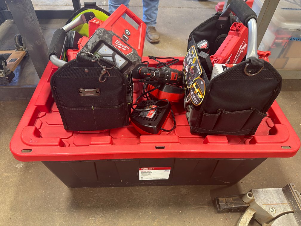 Storage Totes with Cordless Tools, Tool Bags, and LED String Lights