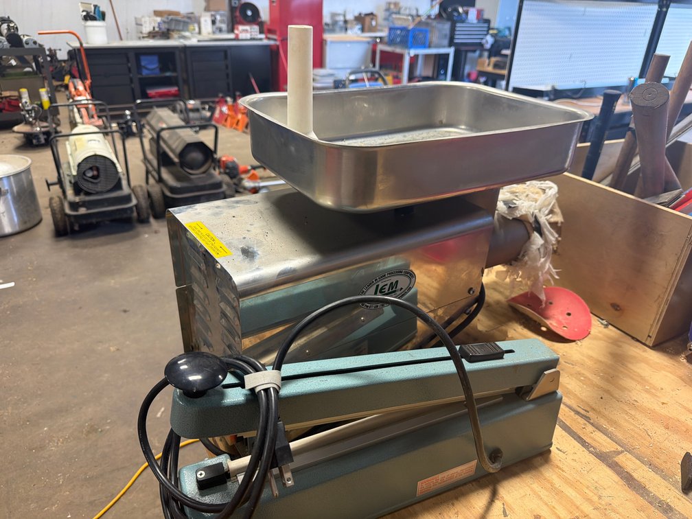LEM Electric Meat Grinder and Uline Impulse Sealer