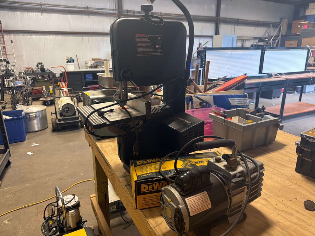 Benchtop Band Saw, Vacuum Pump, and Small Angle Grinder