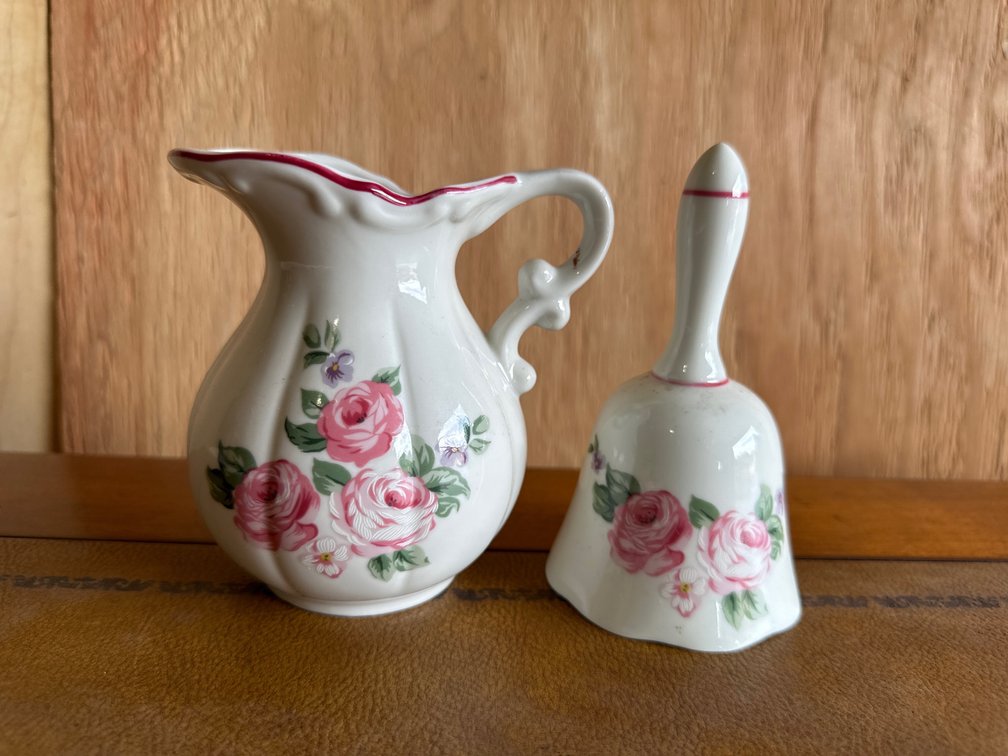 Vintage Matching Pink Rose Pitcher and Bell 