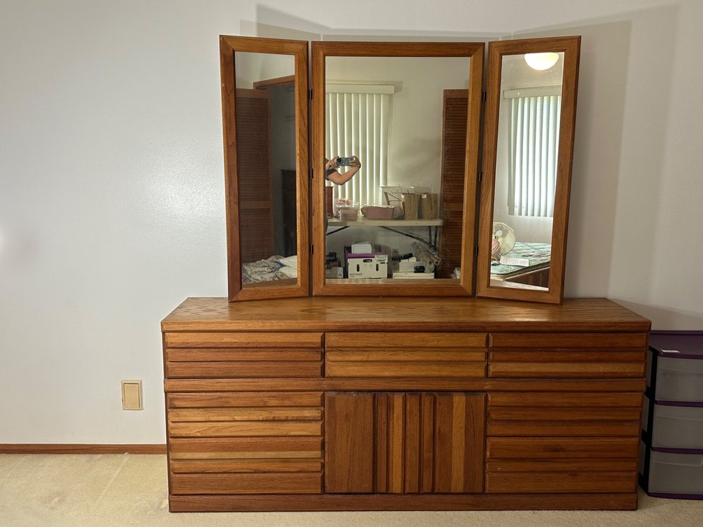 Vintage Multi-Drawer Wood Dresser with Attached Mirror. 