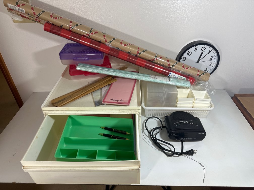 Organizing Bins, Wall Clock, Wrapping Paper and Sony Clock 