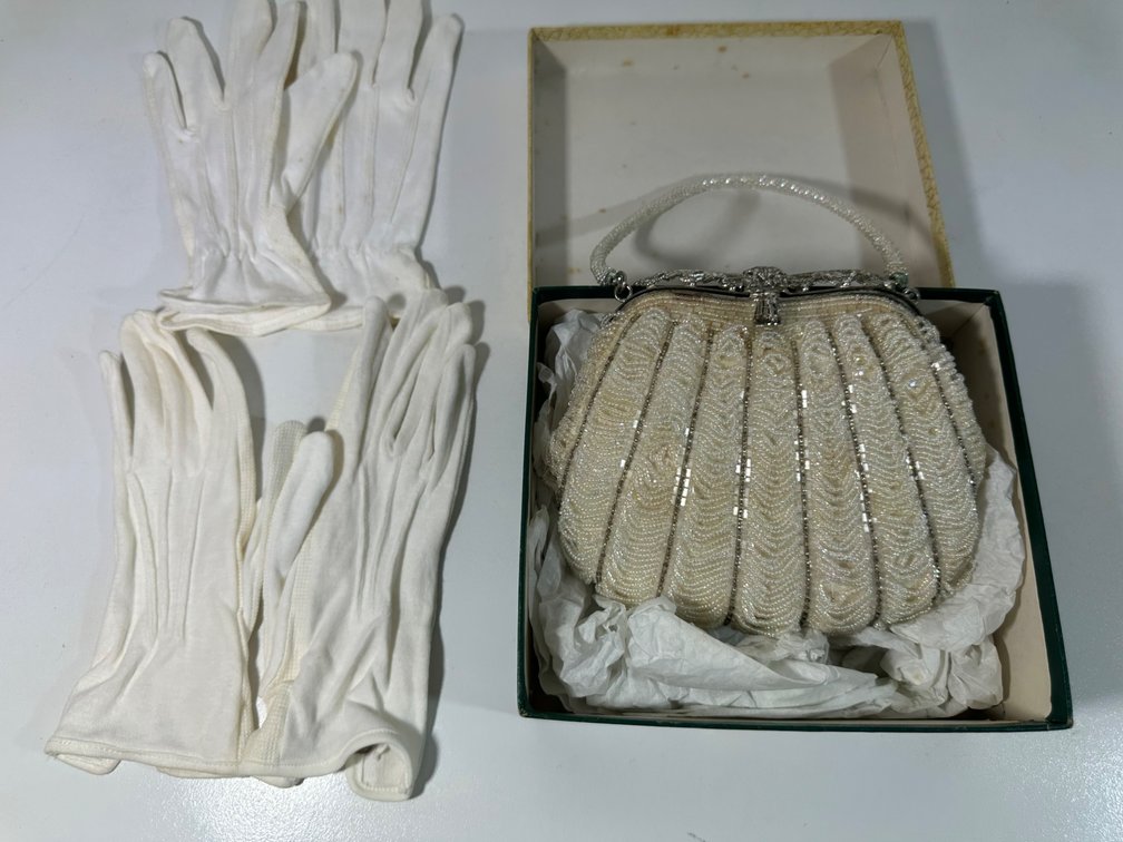 Vintage Beaded Clamshell Bag and Two Pairs of Gloves