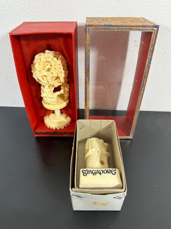Chinese Carved Ball Puzzle and Singapore Carved Fengshui Piece 