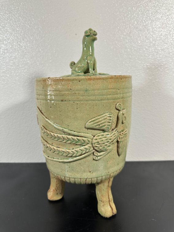 Asian Lidded Pot with Dragon and Peacock Design 