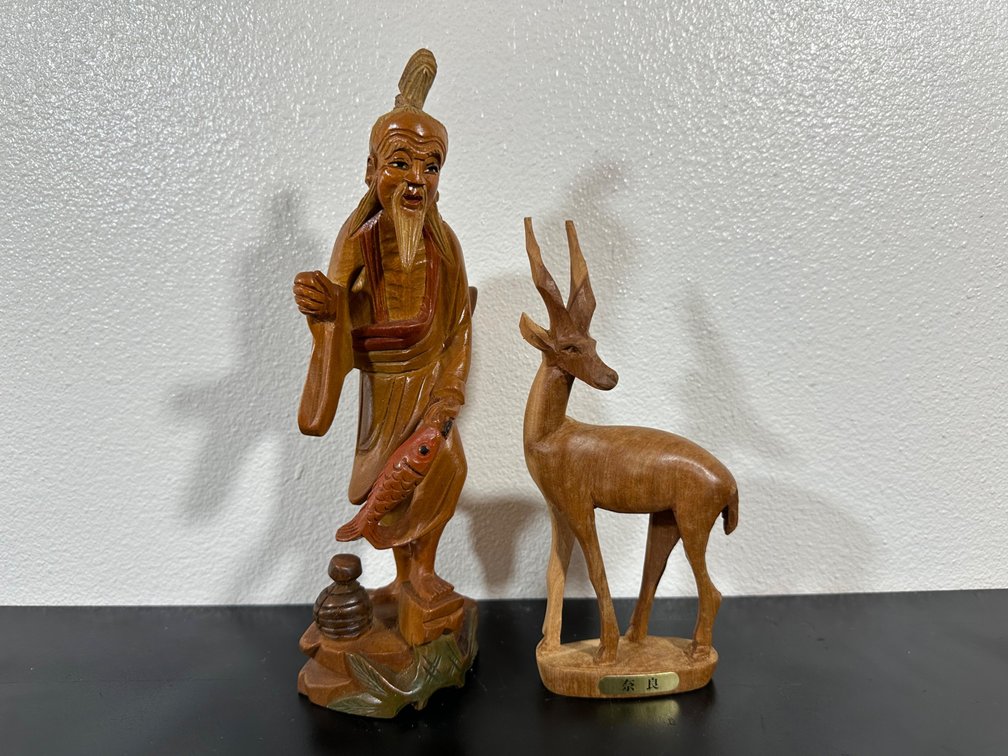 (X's 2) Wooden Japanese Gazelle and Man Sculptures
