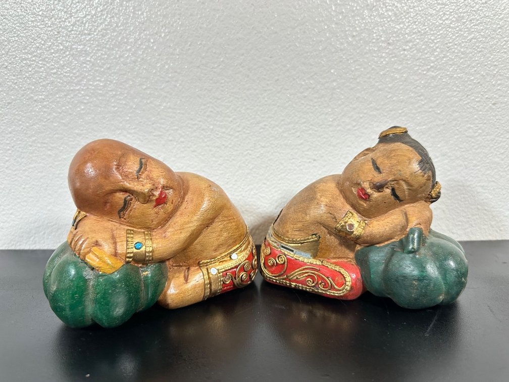 (X's 2) Vintage Chinese Wooden Carved Children Sleeping Figures 