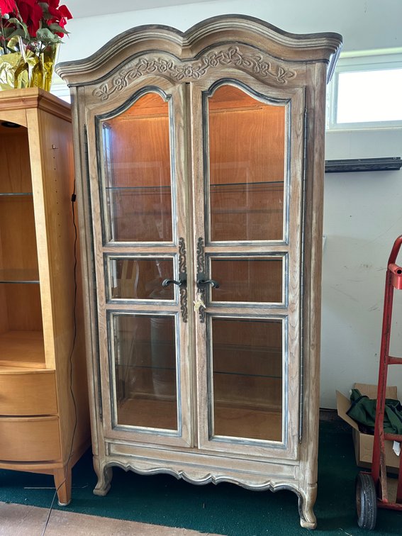 79" Tall Ornate Wood and Glass Double Door Cabinet 