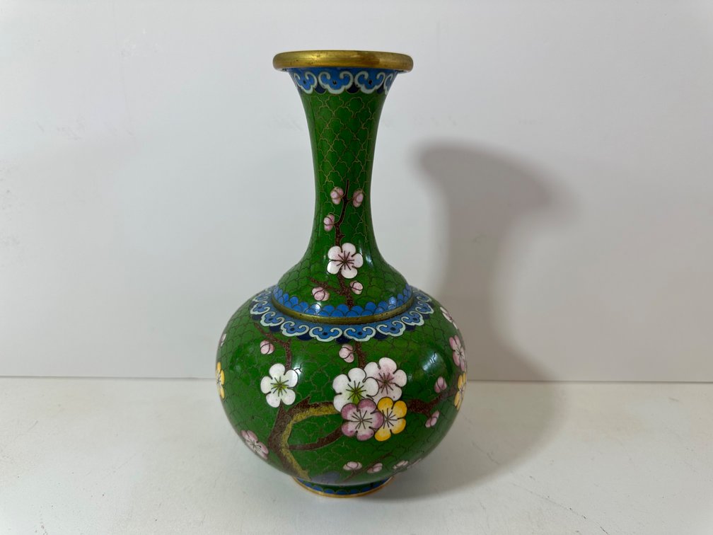 8" Cloisonne Green Floral Design Vase