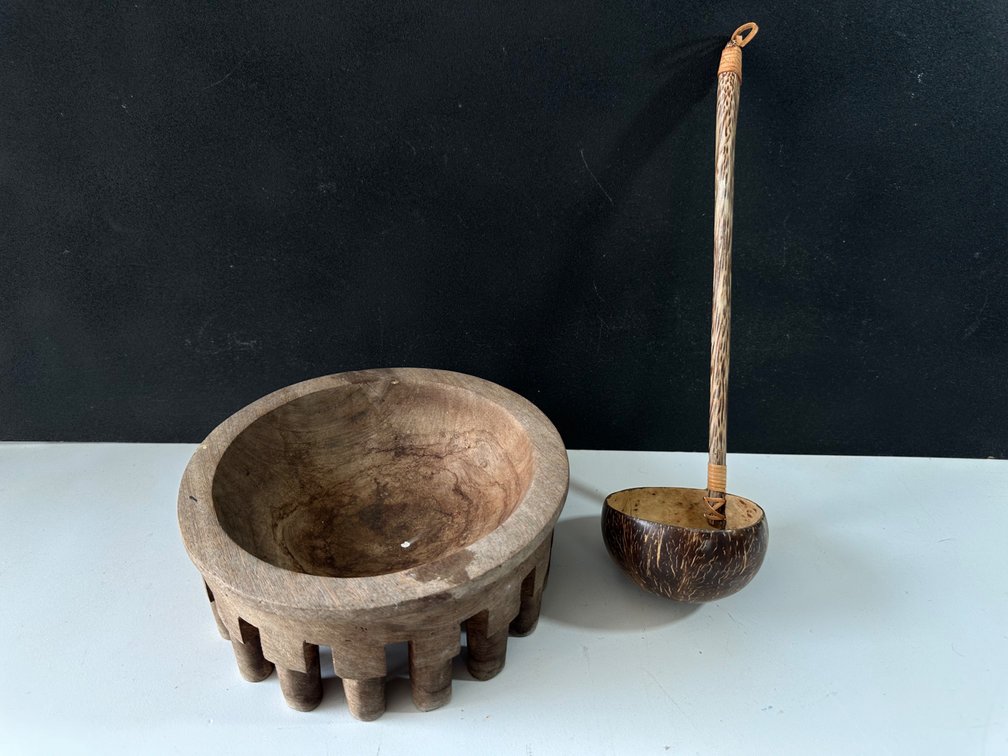 Wooden Mortar and Coconut Style Ladle 