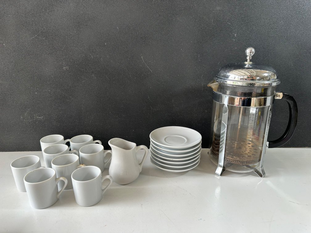 Espresso Cups, Saucers, French Press and Creamer Pitcher