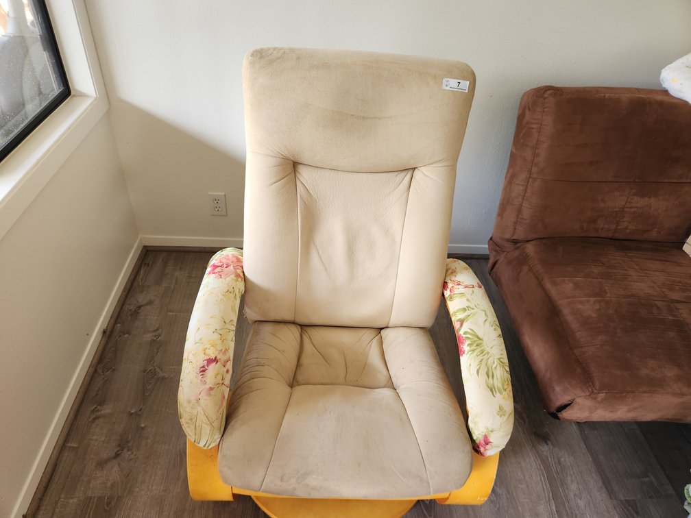 Beige and Wood Recliner with Hawaiian Print Accents