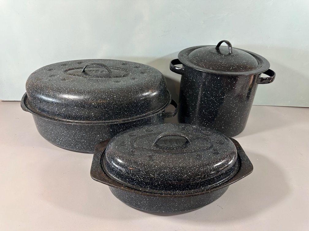 (X's 3) Vintage Black & White Speckled Enamel Cookware 