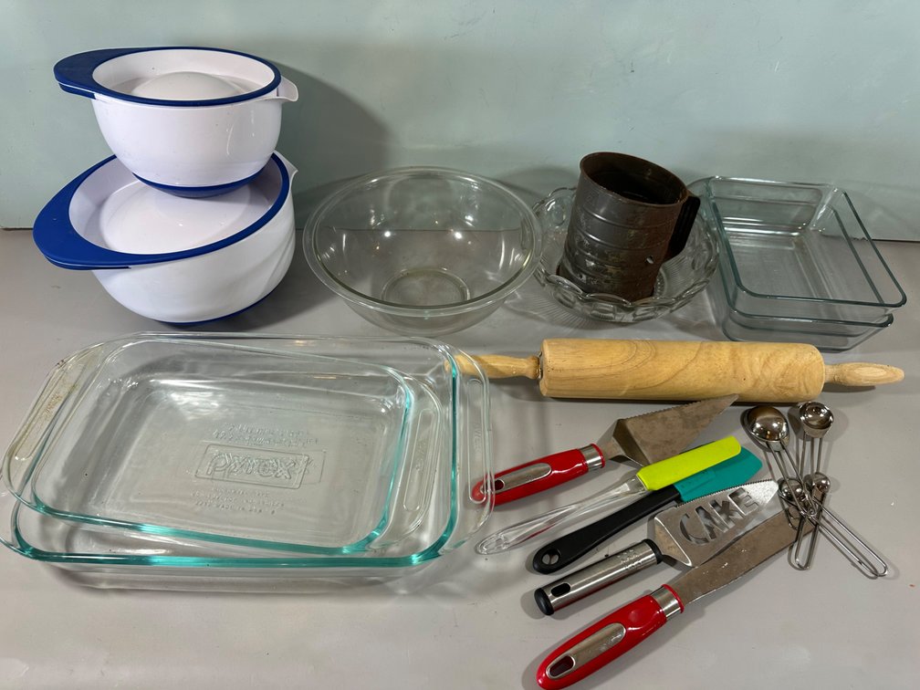 Mixed Glass Bakeware, Mixing Bowls, Sifter and Kitchen Utensils 