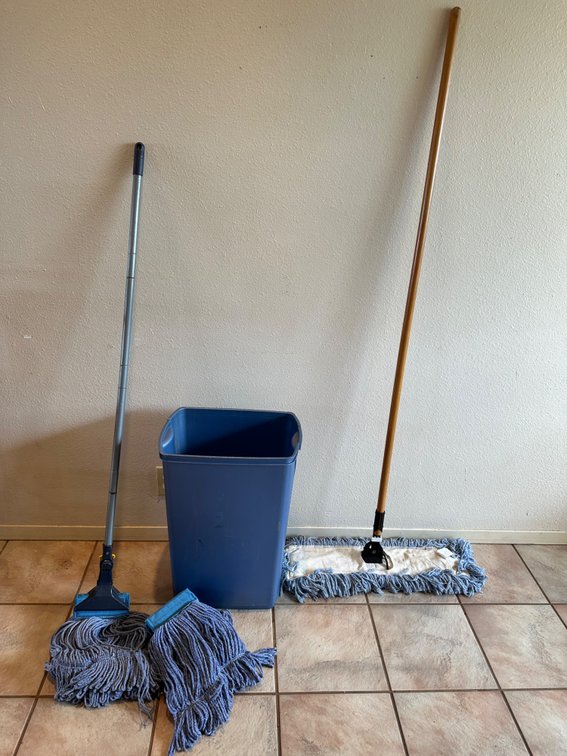 Trash Can, Dust Mop, Mop with Extra Head
