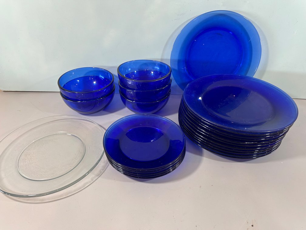 Blue Glass Plates and Bowls