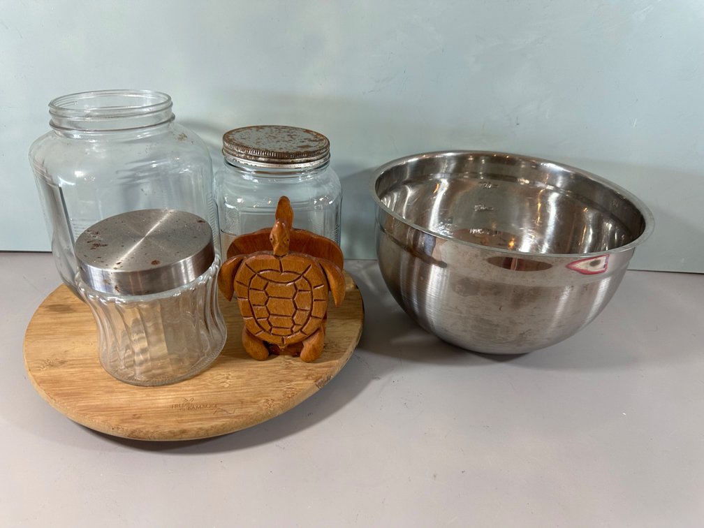 Lazy Susan, Mixing Bowl, Glass Jars and Seat Turtle Napkin Holder