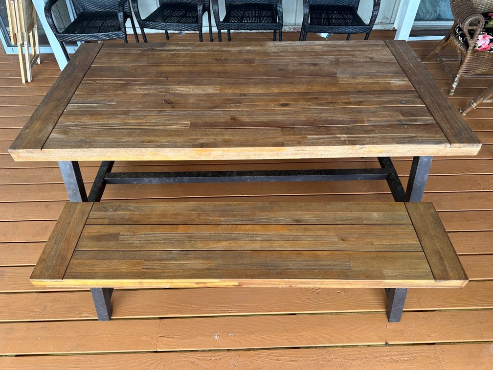 Wood Top with Black Metal Base Outdoor Table and Bench