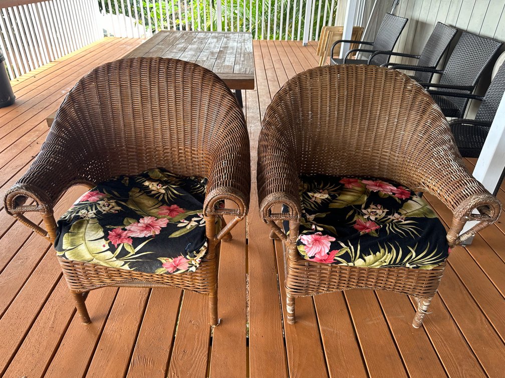(X's 2) Round Back Wicker Style Outdoor Chairs with Island Style Cushions