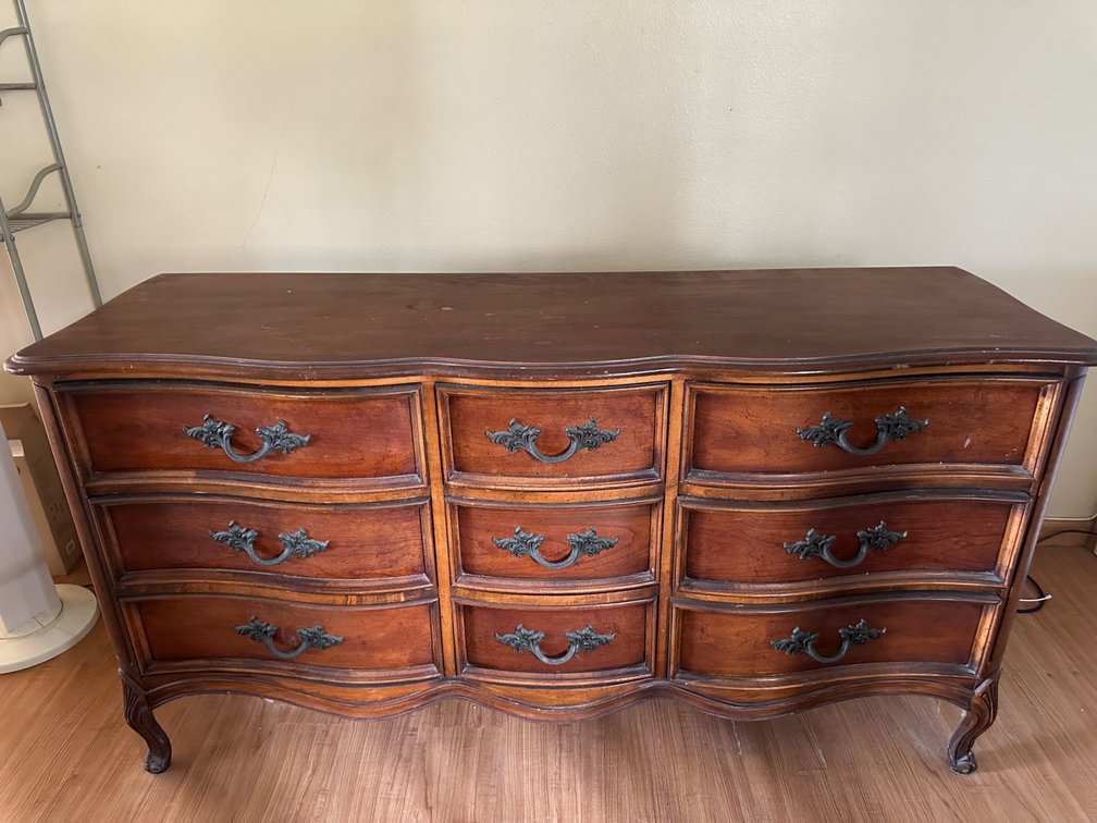 Vintage Wood "Dixie" Nine Drawer Serpentine Dresser