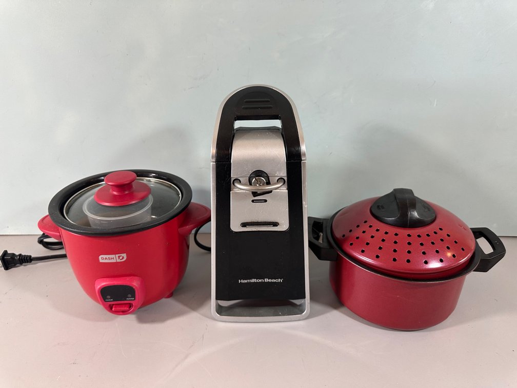 Dash Rice Cooker, Hamilton Beach Electric Can Opener and Pot with Strainer Lid