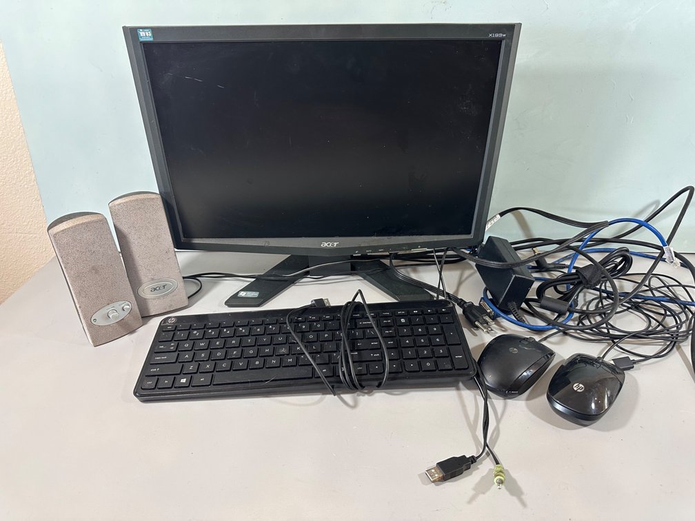 Acer LCD Monitor Model X193W, Two Keyboards, Two HP Mouses, and Computer Speakers