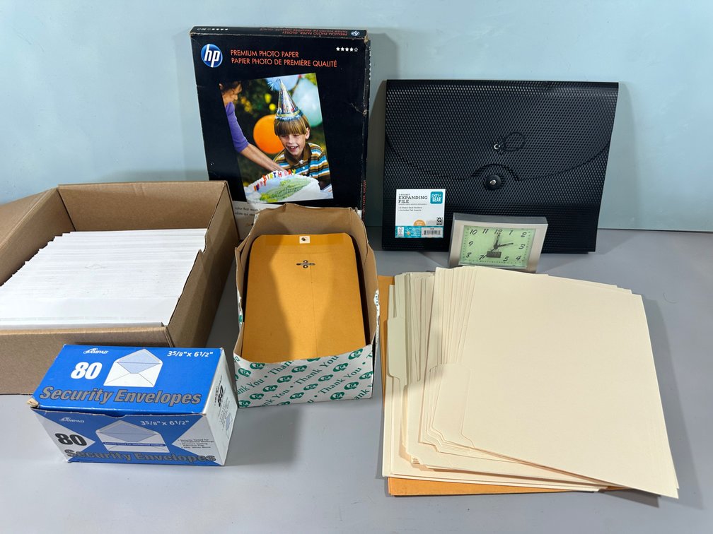 HP Photo Paper, Expanding File Folder, Clock and Various Envelopes 