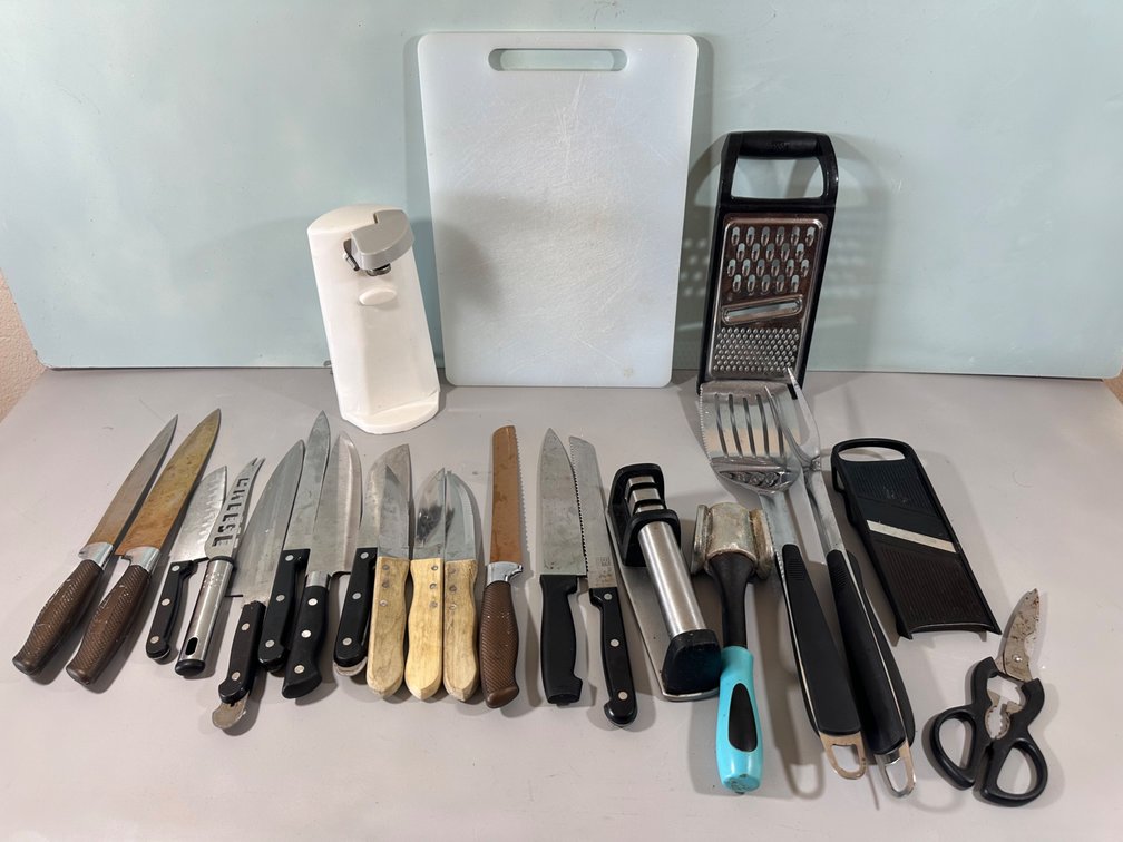 Mixed Lot of Various Kitchen Utensils, Grater, Cutting Board and Electric Can Opener
