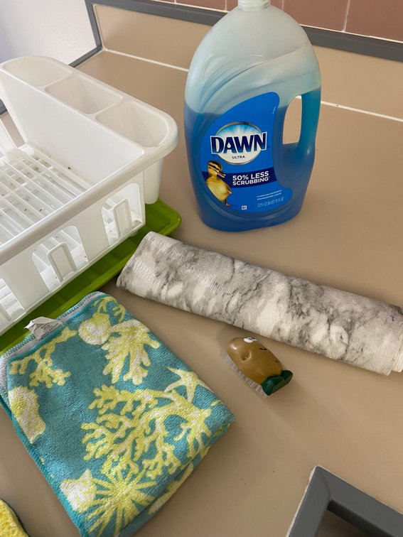 Lot of dishwashing items, dish rack, Dawn drawer, liner, sponges, scrubby, brush, microfiber towel