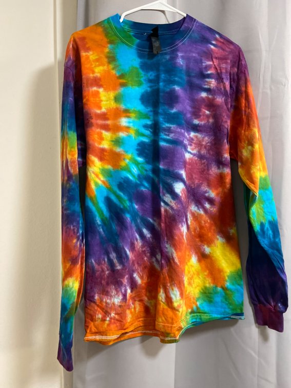 Long sleeve large cotton tie-dyed shirt with orange blue purple