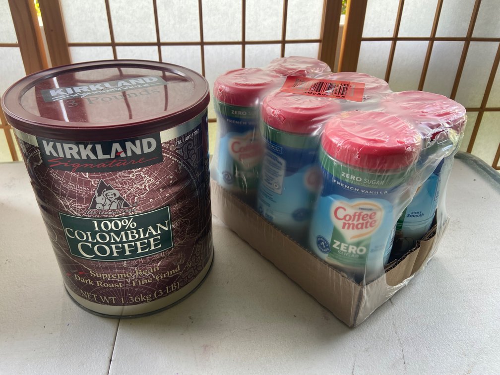 Case of Coffee Mate Sugar-Free French Vanilla creamers, and instant coffee