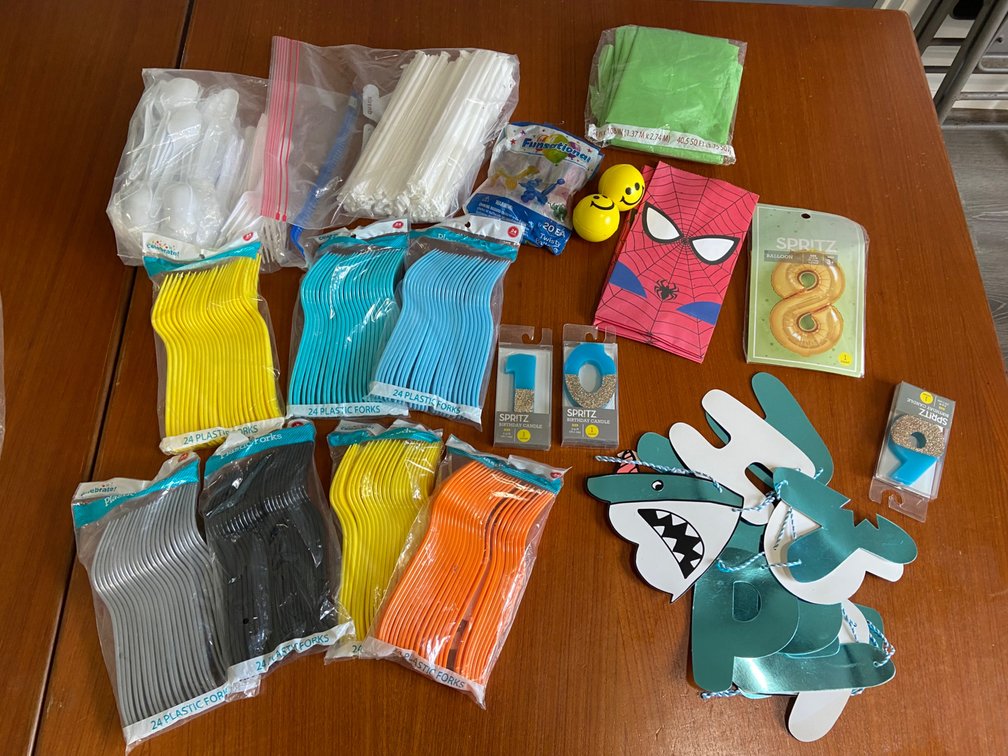 Assortment of kids party supplies