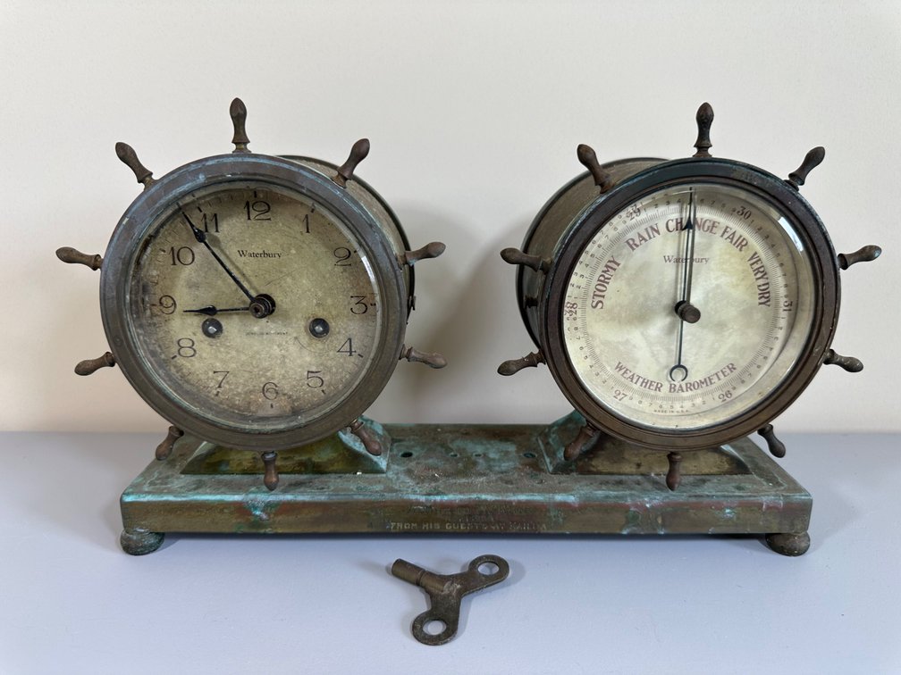 Antique Waterbury Clock and Barometer Set on Bronze Base