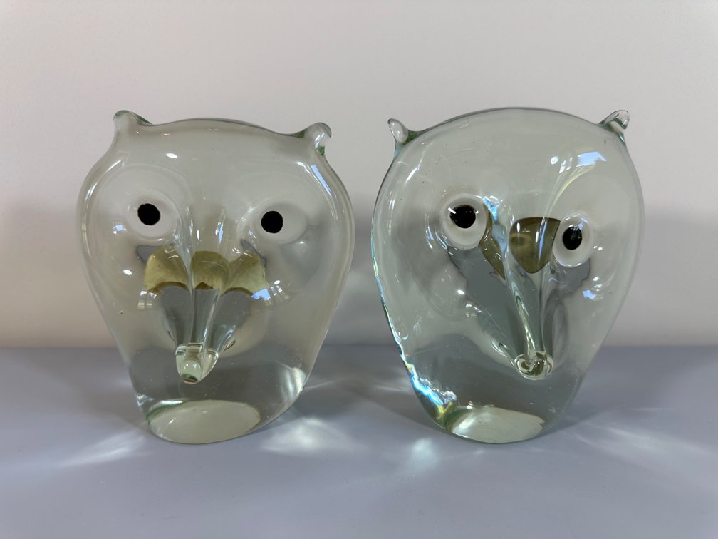 (X's 2)  Mid-Century Modern Handcrafted Glass Owl Figurines