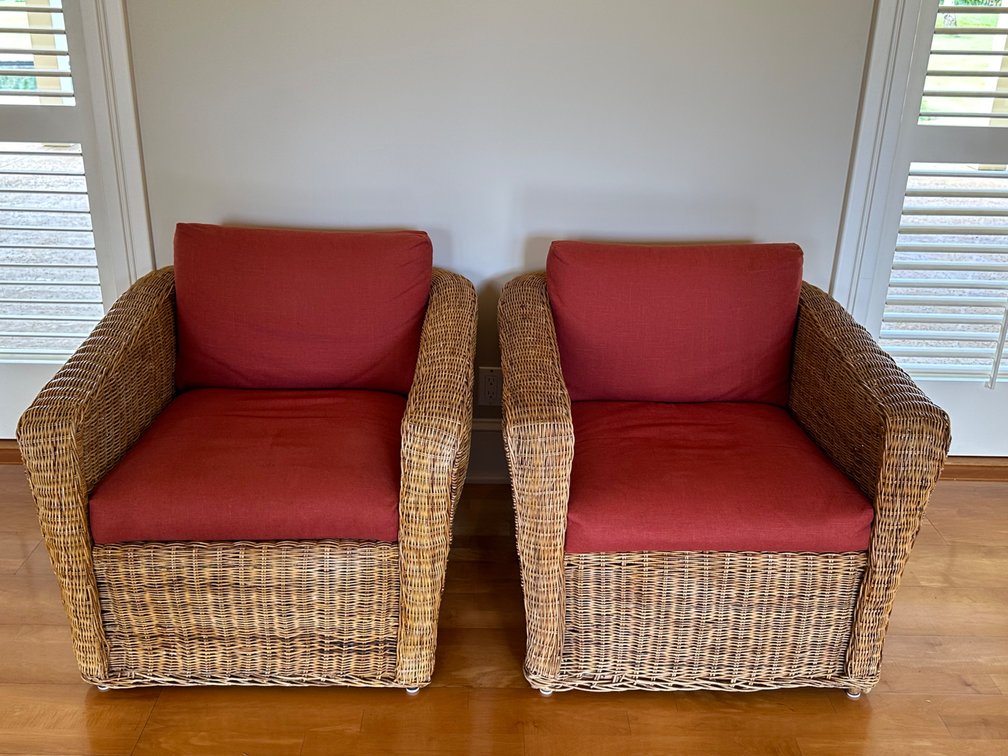 (X's 2) Rattan Armchairs with Red Cushions