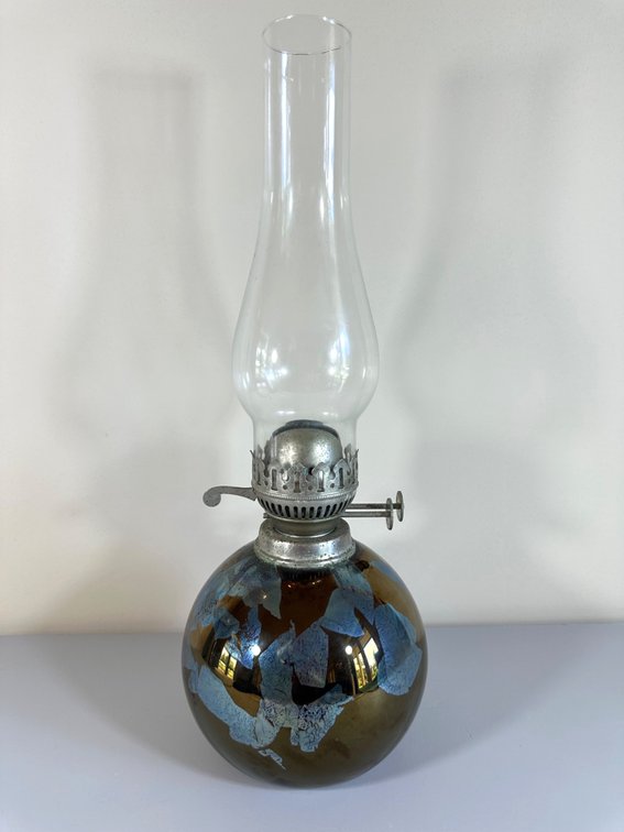 Victorian Era Oil Lamp with Hand-Painted Glass Base