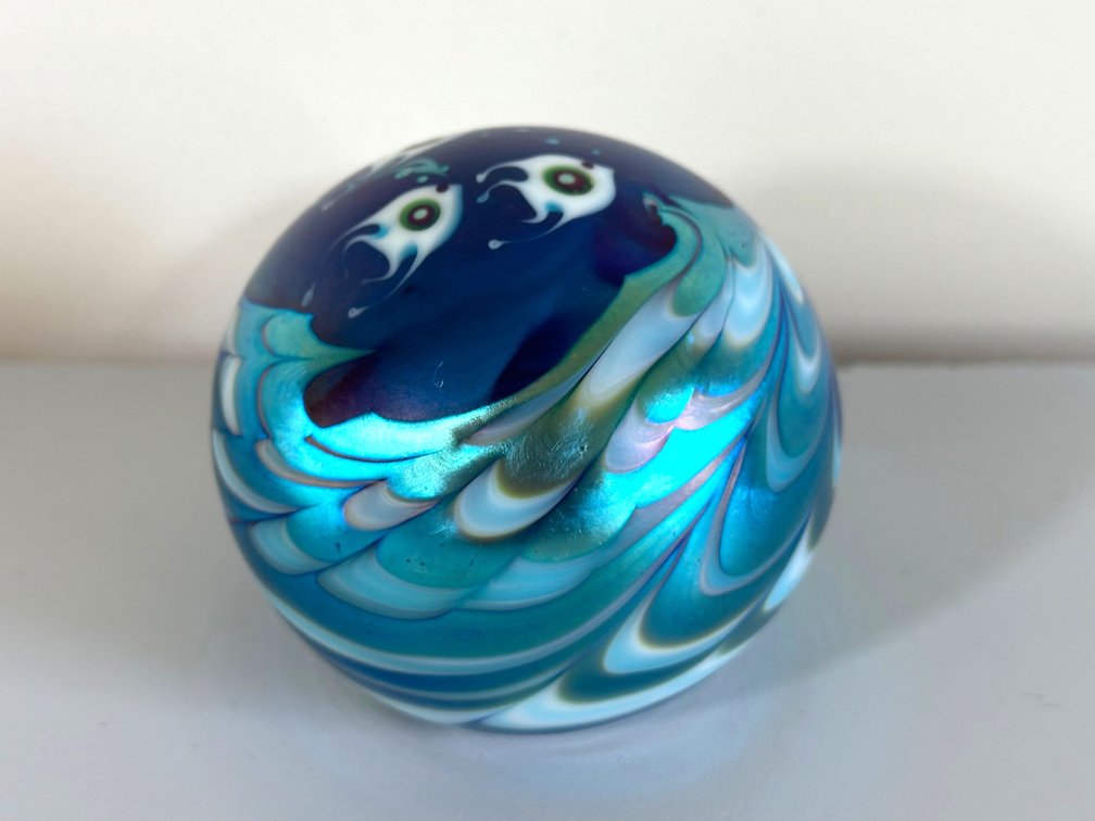 Contemporary Hand-Blown Glass Paperweight with Ethereal Swirl Motif
