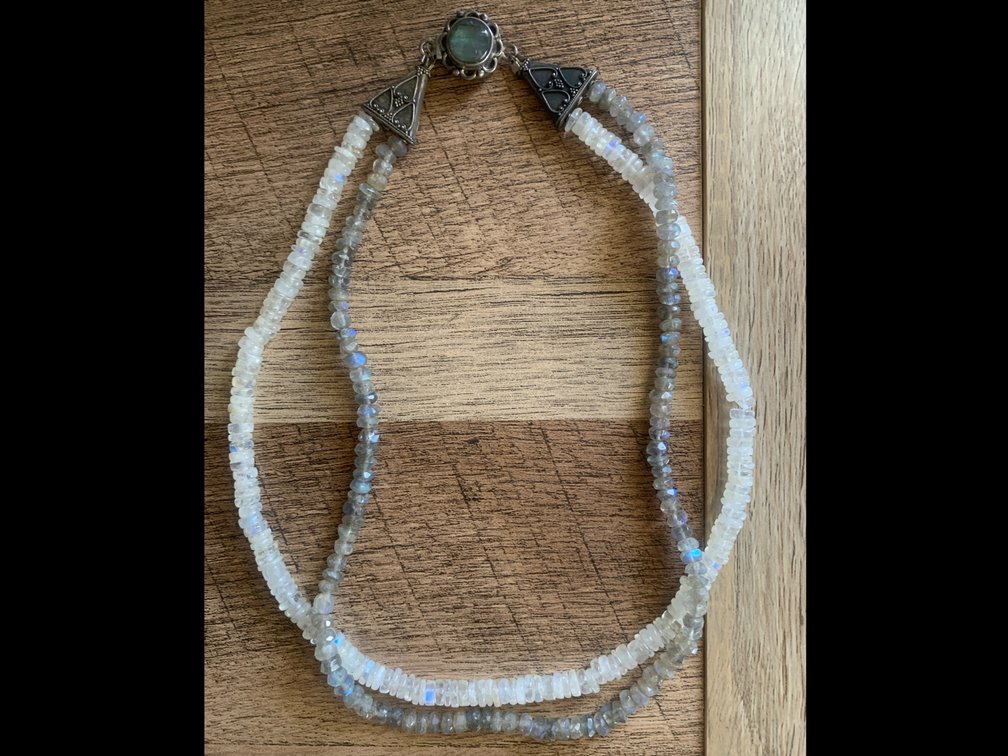 Double Strand Labradorite Necklace w/ Ornate Unique Sterling Silver Clasp