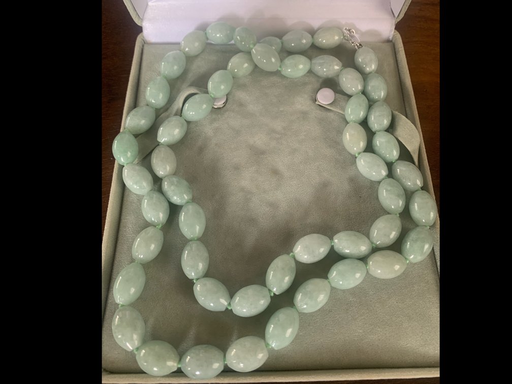 Green Jade Beaded Necklace W/ Sterling Silver Clasp