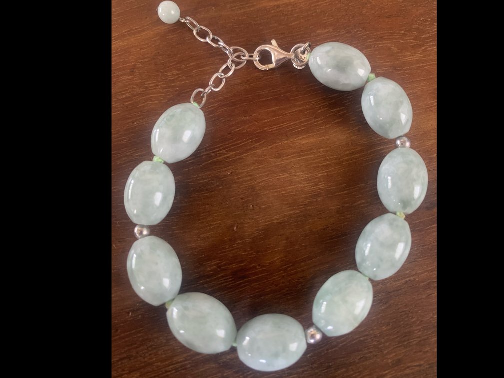 Green Jade Beaded Bracelet W/ Sterling Silver Clasp
